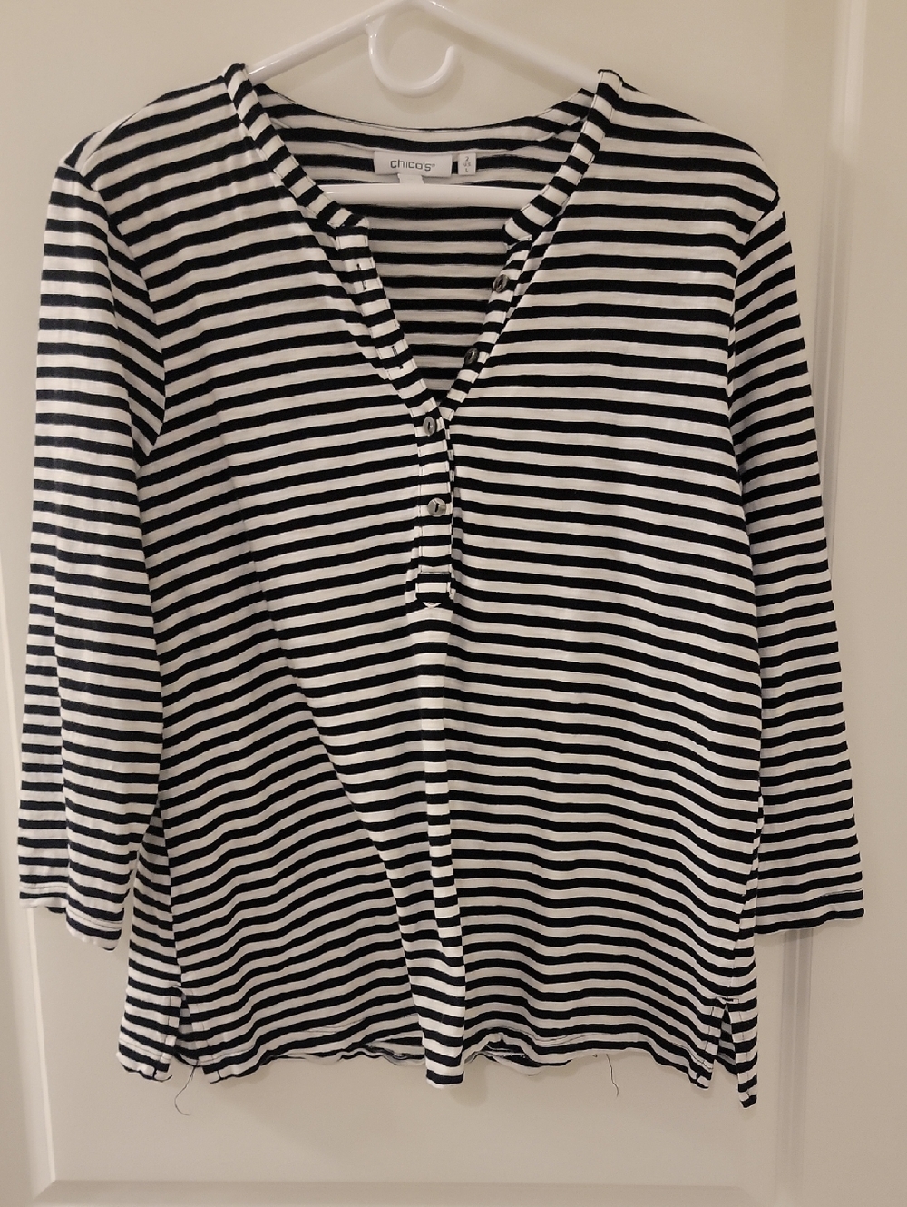 Chico's Black and White Striped Long Sleeve Henley. GUC. Worn a few times